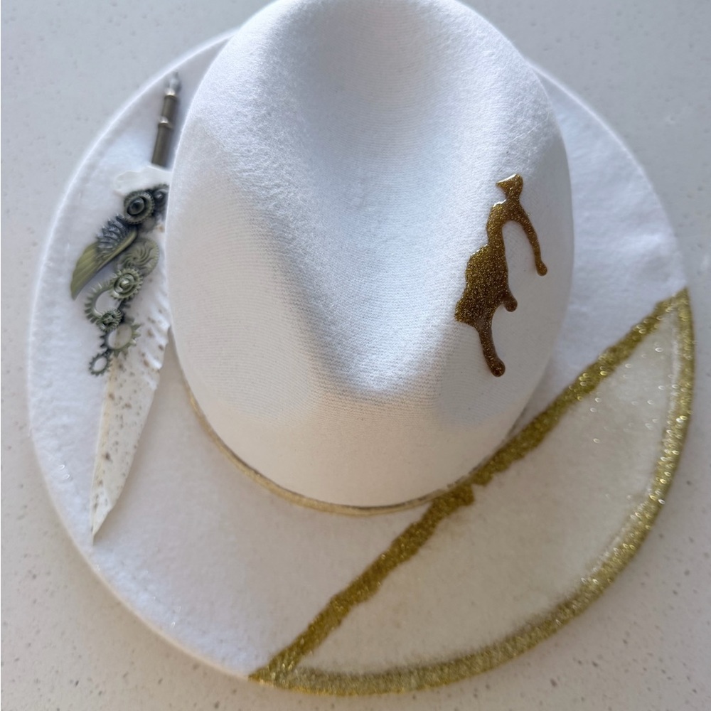 White Fedora Hat with Gold Glitter Accent